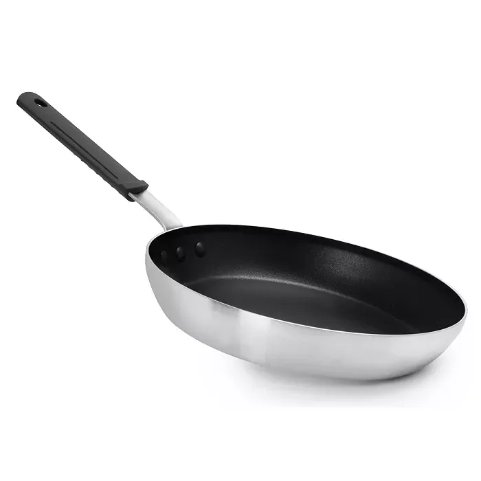 Stainless steel frying pan with a non-stick black interior and a black handle.