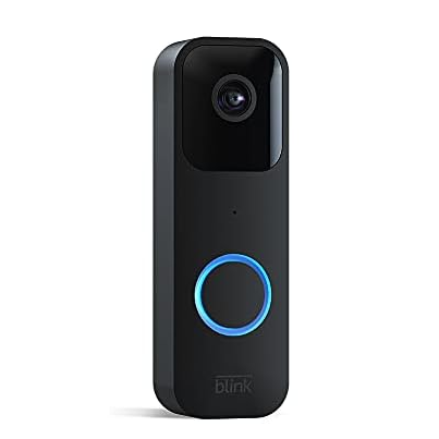 A black Blink video doorbell with a camera at the top and a circular button with a blue illuminated ring below.
