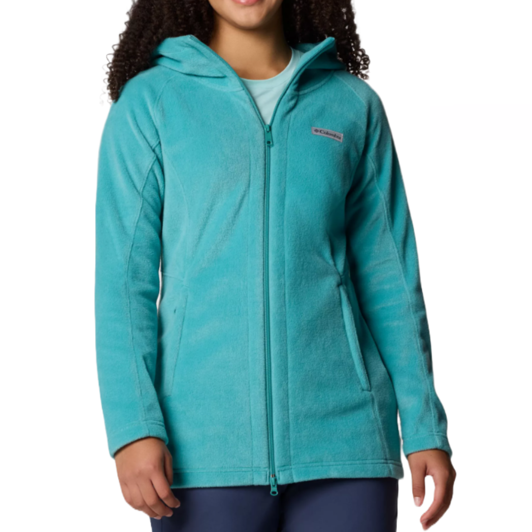 A turquoise Columbia fleece jacket with a hood and front zipper, featuring two pockets.