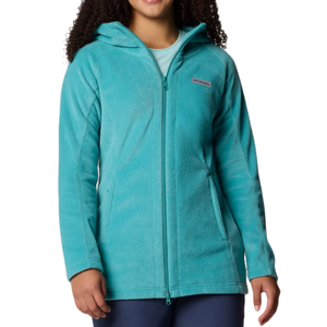 A turquoise Columbia fleece jacket with a hood and front zipper, featuring two pockets.