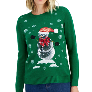 Green sweater with a sequin snowman wearing a red Santa hat and plaid scarf, surrounded by embroidered snowflakes.