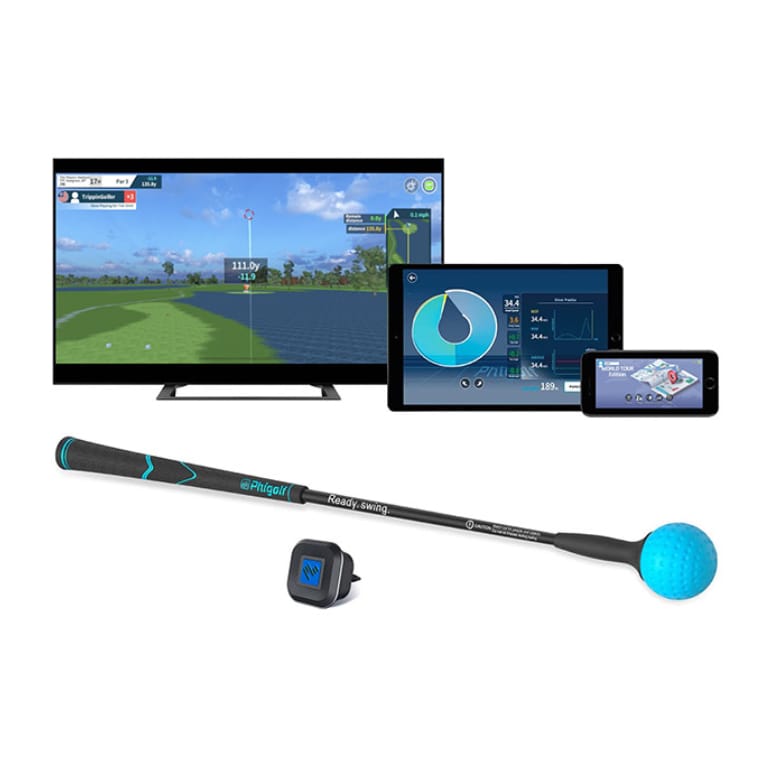 Flat-screen TV displaying a golf simulation, a tablet and smartphone with analytics, golf swing analyzer sensor, and a golf club with a blue practice ball.