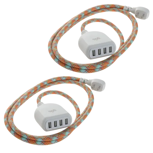 Two braided extension cords with a colorful design, each featuring a plug and four USB ports for charging.