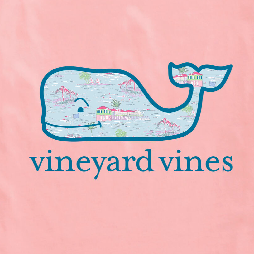 Pink background featuring the Vineyard Vines logo, a blue whale with a colorful coastal scene inside, and the text \“vineyard vines\“ below.