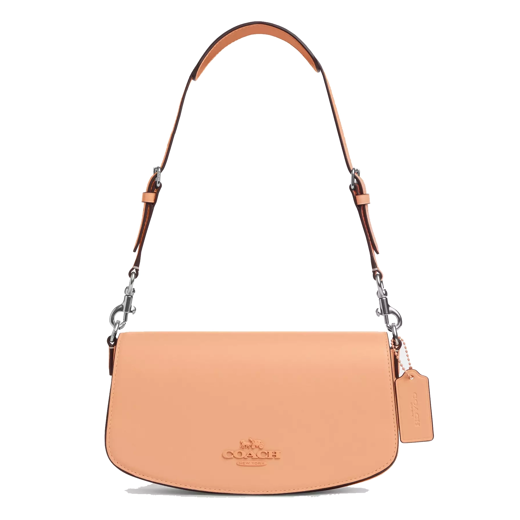 A peach-colored leather shoulder bag with a logo embossed on the front and a detachable metal chain strap.