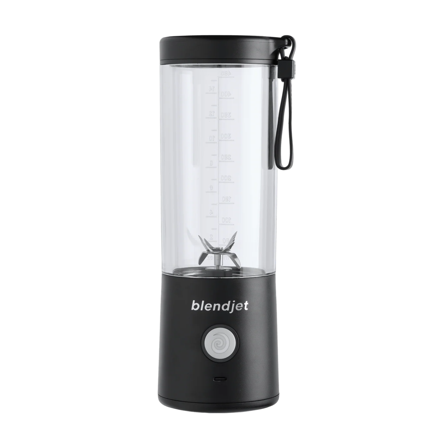A BlendJet portable blender in black with a clear container, marked with volume measurements and a central blending blade, featuring a carrying loop and power button.