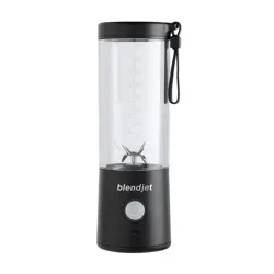 A BlendJet portable blender in black with a clear container, marked with volume measurements and a central blending blade, featuring a carrying loop and power button.