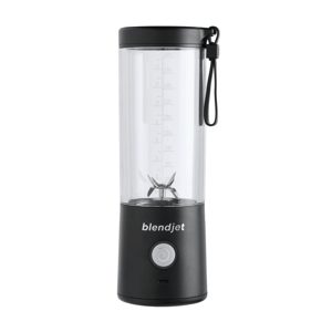 A BlendJet portable blender in black with a clear container, marked with volume measurements and a central blending blade, featuring a carrying loop and power button.