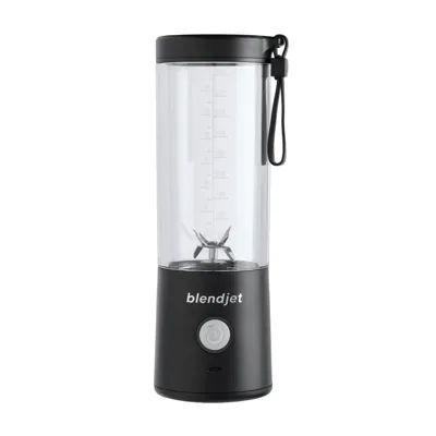A BlendJet portable blender in black with a clear container, marked with volume measurements and a central blending blade, featuring a carrying loop and power button.