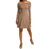 Off-the-shoulder taupe dress with long sleeves and a flared skirt, paired with snakeskin pattern pointed-toe heels.