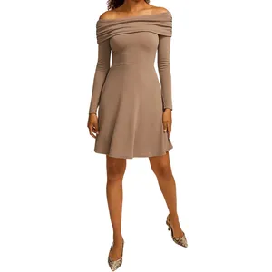 Off-the-shoulder taupe dress with long sleeves and a flared skirt, paired with snakeskin pattern pointed-toe heels.