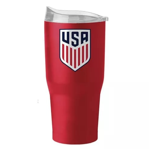 Red tumbler with a clear lid, featuring the USA logo in blue and white.
