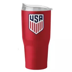 Red tumbler with a clear lid, featuring the USA logo in blue and white.