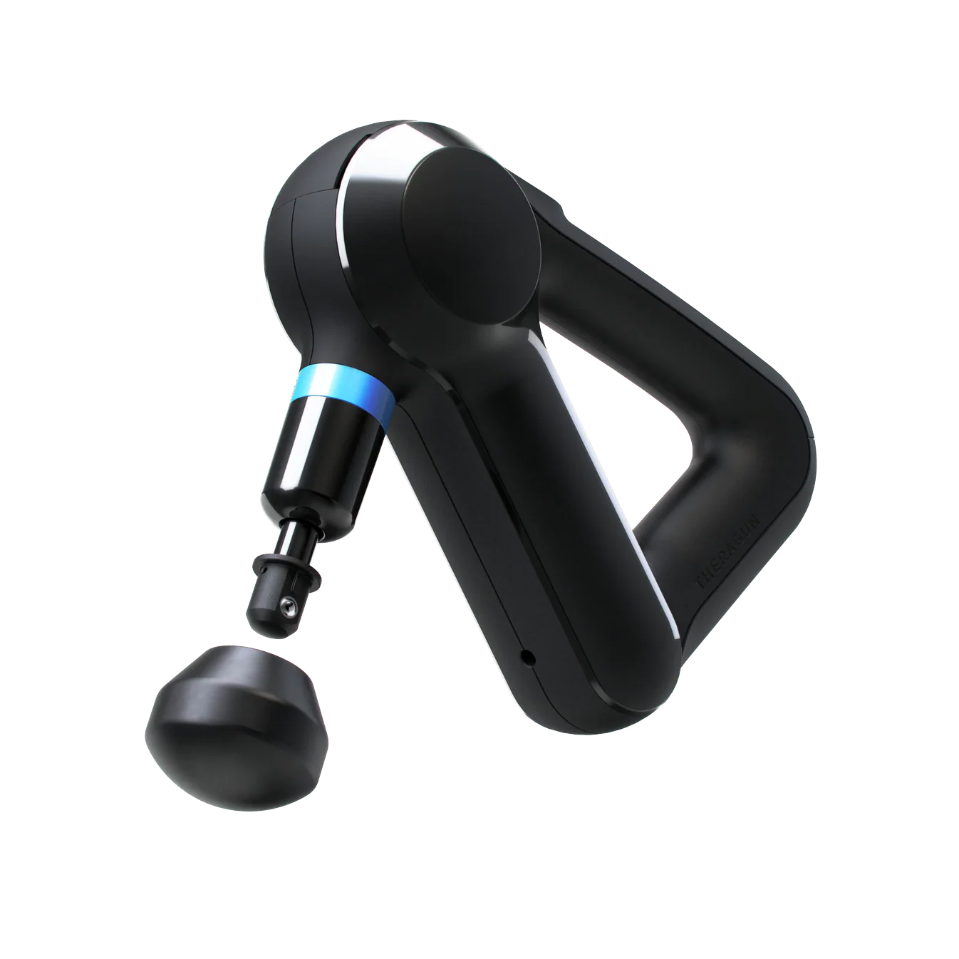 A black handheld massage gun with a triangular handle and a detachable massage head, featuring a metallic blue ring near the attachment point.
