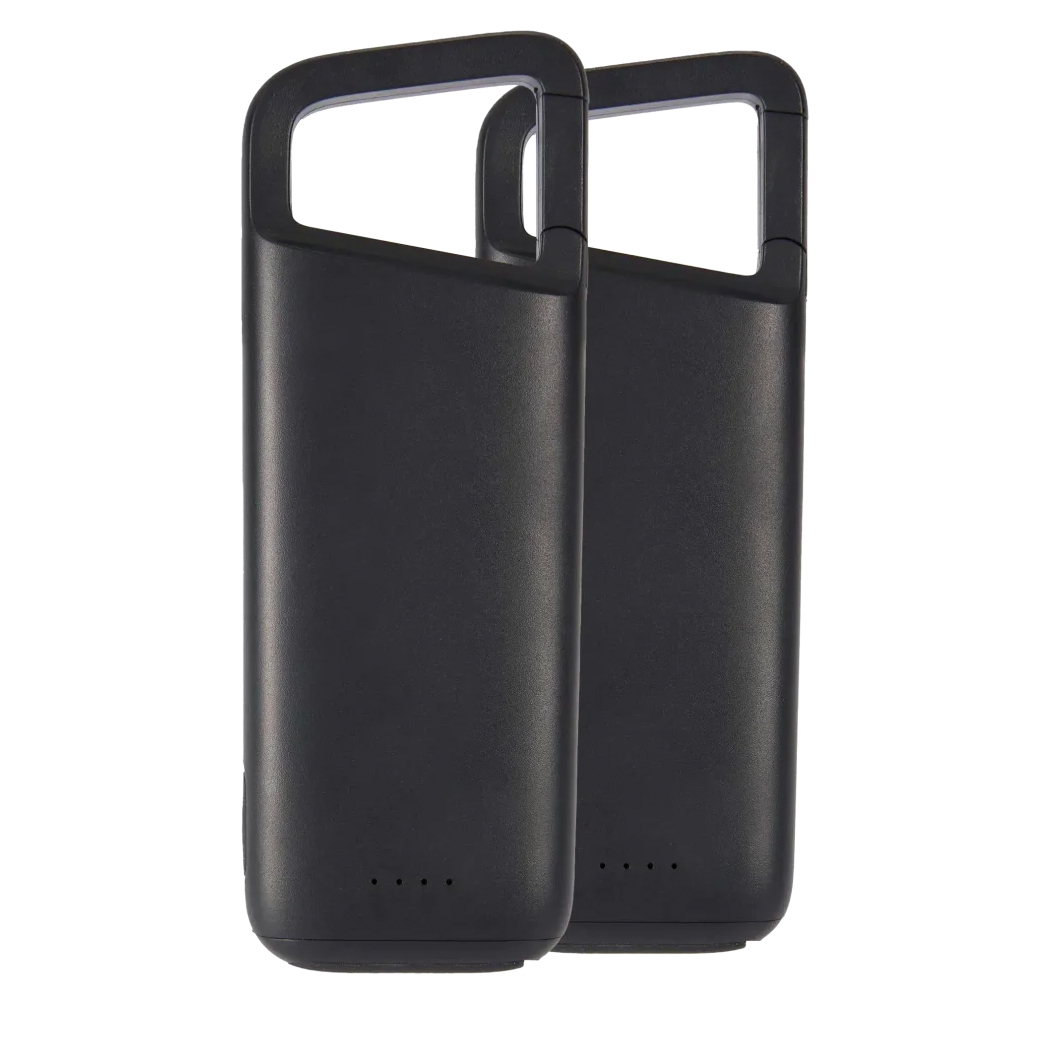 2-pack of black, water-resistant power banks with a built-in handle design, featuring LED indicators at the bottom to show battery status.