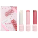 Kylie Cosmetics Tinted Butter Balm Trio featuring three lip balms in varying shades, packaged in a pink-themed box.