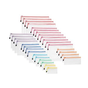 A collection of transparent zipper bags in various sizes with colored zipper accents, including red, purple, blue, green, yellow, and orange.