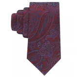 A red tie featuring a blue paisley pattern.