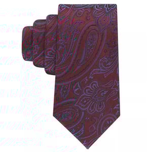 A red tie featuring a blue paisley pattern.