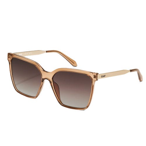 Beige square oversized sunglasses with gradient brown lenses and thin arms, branded as Quay.