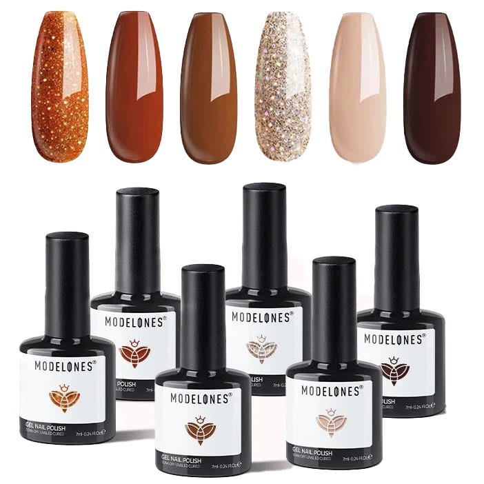Modelones gel nail polish set featuring six colors: glittery orange, burnt orange, brown, gold glitter, nude, and dark brown. Each bottle contains 7ml.