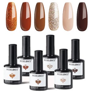 Modelones gel nail polish set featuring six colors: glittery orange, burnt orange, brown, gold glitter, nude, and dark brown. Each bottle contains 7ml.