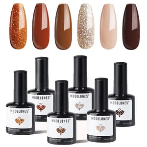 Modelones gel nail polish set featuring six colors: glittery orange, burnt orange, brown, gold glitter, nude, and dark brown. Each bottle contains 7ml.