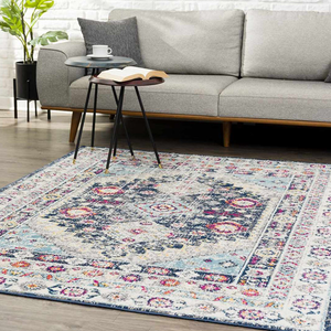 A colorful, patterned area rug lies on a wooden floor in front of a gray mid-century style sofa. A small round side table with a book and cup sits by the sofa, with a potted plant nearby.