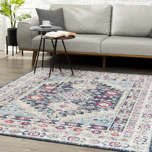 A colorful, patterned area rug lies on a wooden floor in front of a gray mid-century style sofa. A small round side table with a book and cup sits by the sofa, with a potted plant nearby.