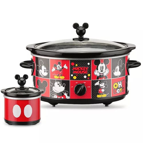 Mickey Mouse-themed slow cooker set featuring one larger slow cooker with various Mickey Mouse designs and a smaller red slow cooker with white Mickey buttons.