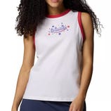 White sleeveless top with red trim, featuring a \“Columbia\“ logo and star design on the front.
