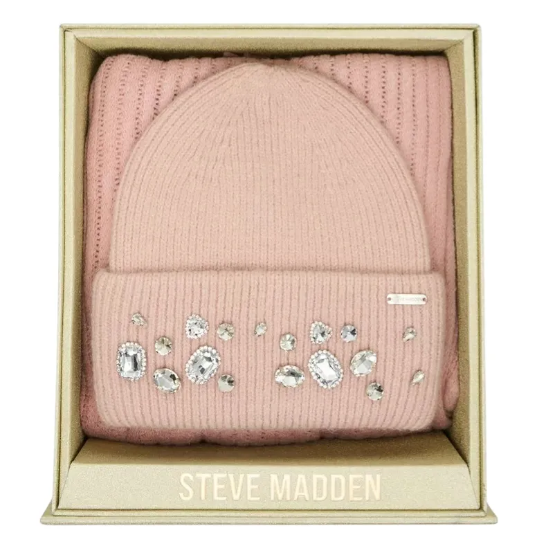 Pink Steve Madden beanie and scarf gift set featuring rhinestone embellishments, presented in a gold box.