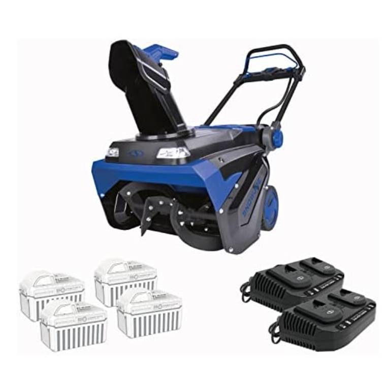 A Snow Joe iON Max snowblower with a blue and black design, featuring a large auger and adjustable chute. Includes four battery packs and two dual battery chargers.