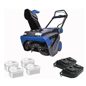 A Snow Joe iON Max snowblower with a blue and black design, featuring a large auger and adjustable chute. Includes four battery packs and two dual battery chargers.