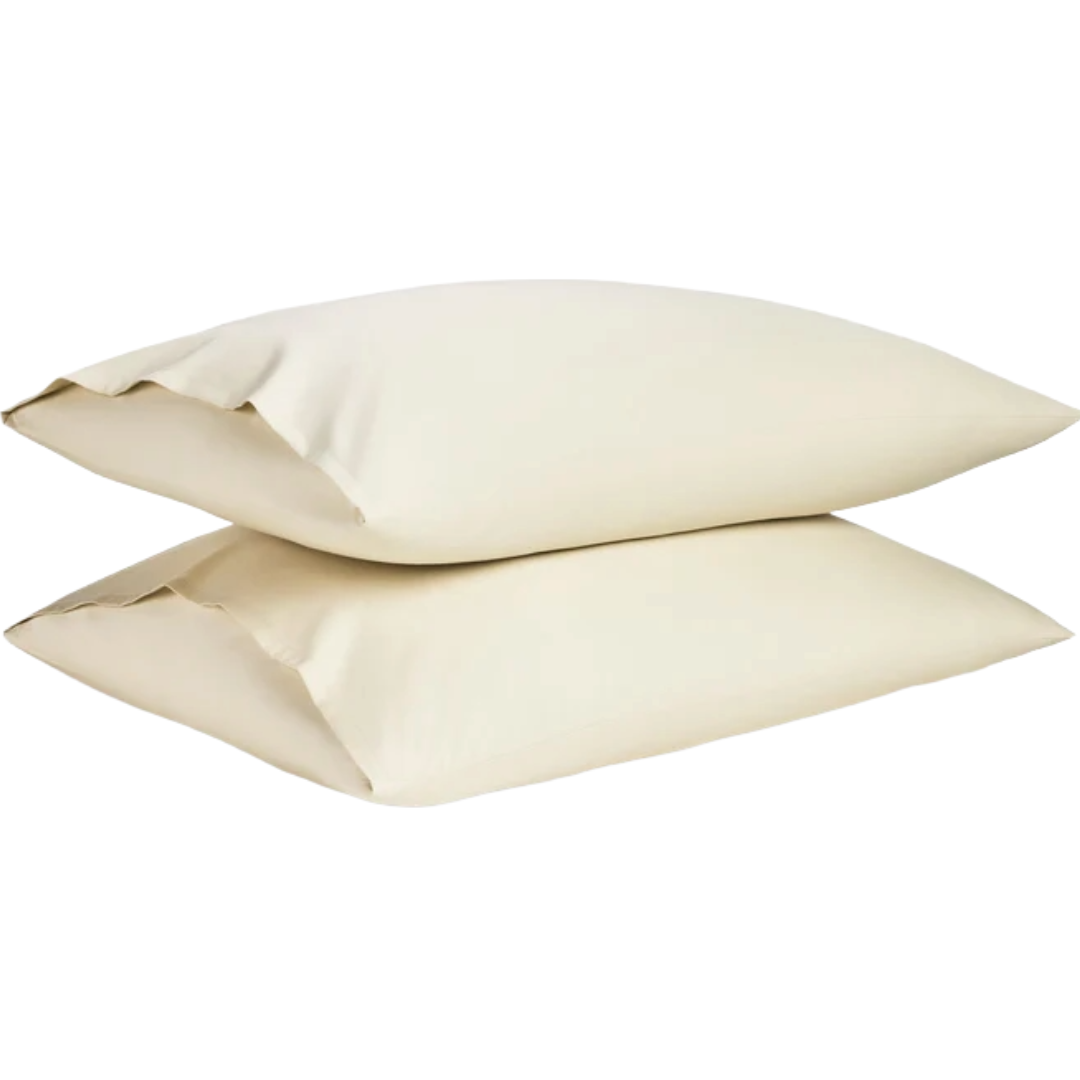 Two beige pillowcases are shown stacked on top of each other.