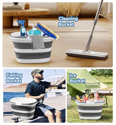 Collapsible bucket shown in three uses: as a cleaning bucket with supplies, a fishing bucket on a boat, and an ice bucket beside a tent.
