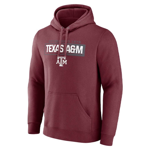 Maroon hoodie featuring \“Texas A&M\“ and the university's logo on the front, with a drawstring hood and a front pocket.