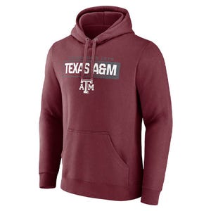 Maroon hoodie featuring \“Texas A&M\“ and the university's logo on the front, with a drawstring hood and a front pocket.