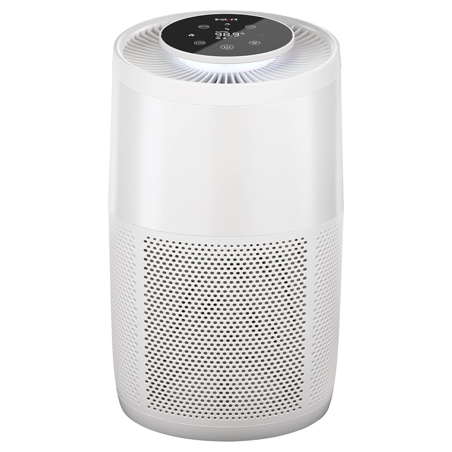 A white cylindrical air purifier with a perforated design and a digital control panel on top, featuring touch-sensitive buttons.