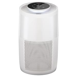A white cylindrical air purifier with a perforated design and a digital control panel on top, featuring touch-sensitive buttons.