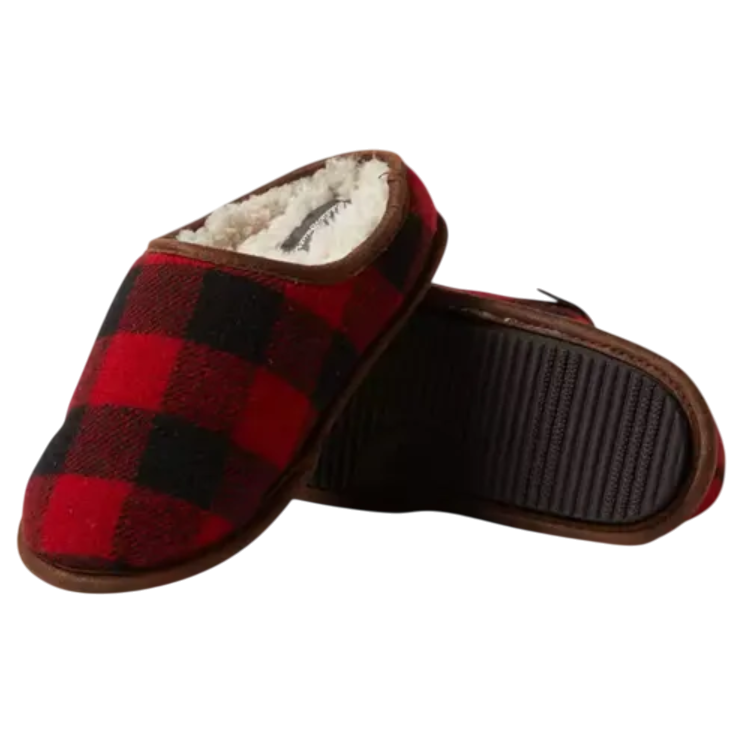 Red and black plaid slip-on slippers with faux fur lining and rubber soles.