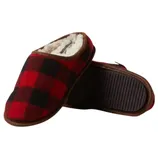 Red and black plaid slip-on slippers with faux fur lining and rubber soles.