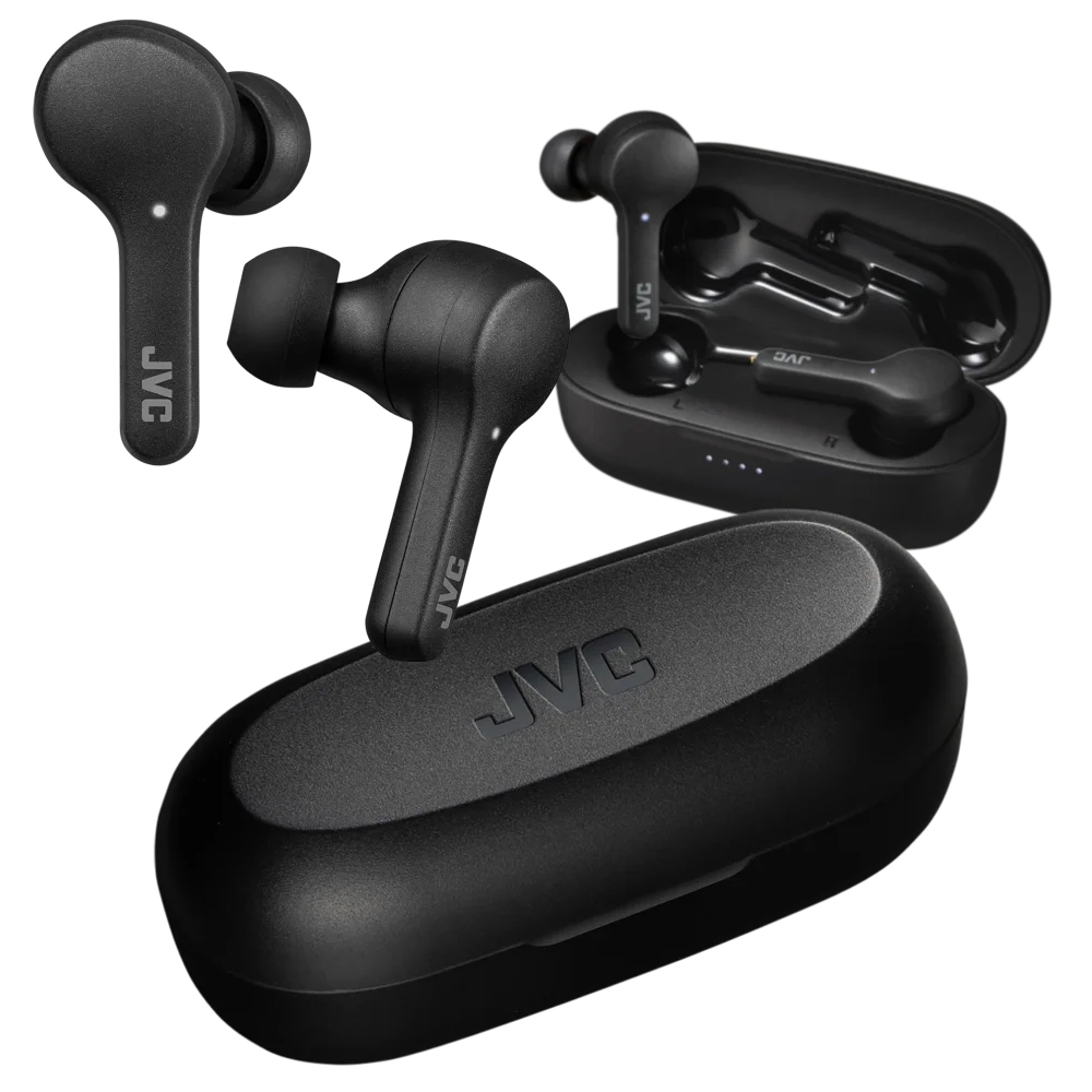 Black JVC true wireless earbuds with a charging case, featuring an in-ear design and labeled \“JVC\“ on both the earbuds and case.