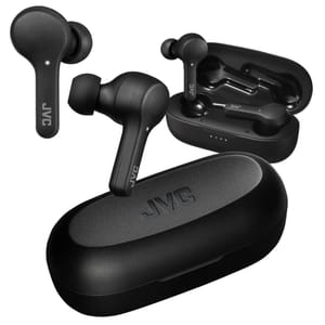 Black JVC true wireless earbuds with a charging case, featuring an in-ear design and labeled \“JVC\“ on both the earbuds and case.
