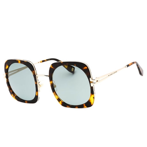 Marc Jacobs MJ 1101/S sunglasses feature a square shape with tortoiseshell frames and gold accents, paired with blue-tinted lenses.