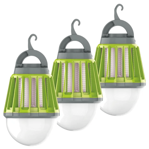 Three green and gray LED lanterns with hooks, designed for outdoor use.