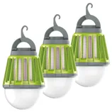 Three green and gray LED lanterns with hooks, designed for outdoor use.
