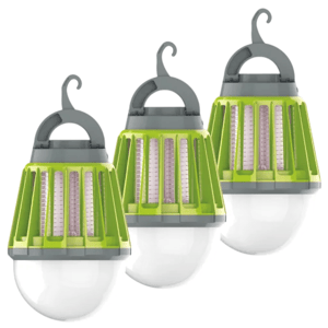 Three green and gray LED lanterns with hooks, designed for outdoor use.