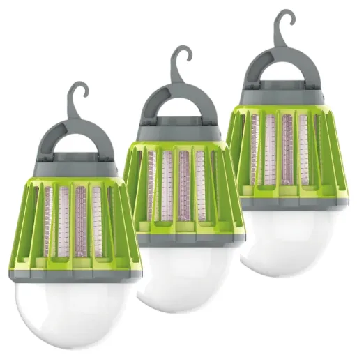 Three green and gray LED lanterns with hooks, designed for outdoor use.