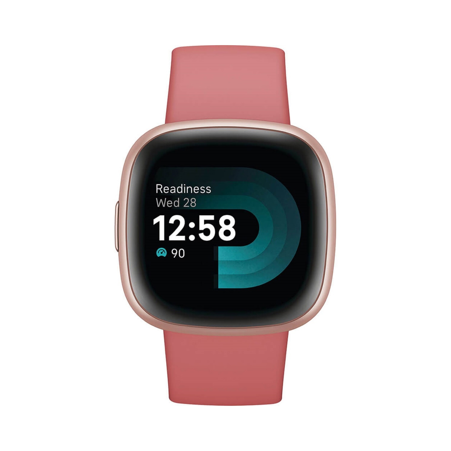 A Fitbit Versa 4 smartwatch with a square touch display, rose gold casing, and pink wristband, showing a time of 12:58 and a readiness score on the screen.